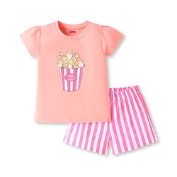 Babyhug Cotton Knit Half Sleeves Night Suit With Pop Corn Print & Applique - Peach & Pink
