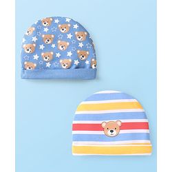 Babyhug 100% Cotton Knit Caps with Bear Print & Stripes Pack of 2  Multicolor - Diameter 16 cm