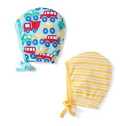 Babyhug 100% Cotton Knit Bonnet Bonnet Caps with Stripes & Vehicle Print Pack of 2 - Yellow & Blue