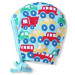 Babyhug 100% Cotton Knit Bonnet Bonnet Caps with Stripes & Vehicle Print Pack of 2 - Yellow & Blue