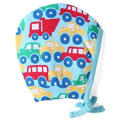 Babyhug 100% Cotton Knit Bonnet Bonnet Caps with Stripes & Vehicle Print Pack of 2 - Yellow & Blue