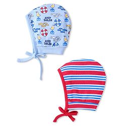 Babyhug Interlock Knit Bonnet Bonnet Caps With Nautical Theme Print Pack of 2 - Red & Blue