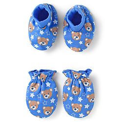 Babyhug 100% Cotton Knit Mittens & Booties Set with Bear Print - Blue
