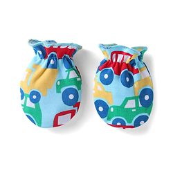 Babyhug 100% Cotton Knit Mittens & Booties Set with Car Print - Blue