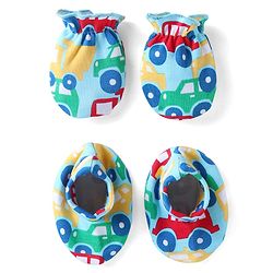 Babyhug 100% Cotton Knit Mittens & Booties Set with Car Print - Blue