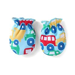 Babyhug 100% Cotton Knit Mittens & Booties Set with Car Print - Blue