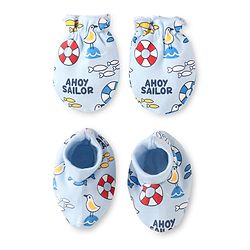 Babyhug 100% Cotton Knit Mittens & Booties Set with Nautical Theme Print - Light Blue
