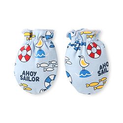 Babyhug 100% Cotton Knit Mittens & Booties Set with Nautical Theme Print - Light Blue