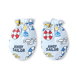 Babyhug 100% Cotton Knit Mittens & Booties Set with Nautical Theme Print - Light Blue