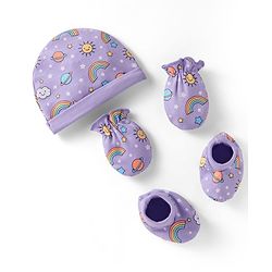Babyhug Interlock Knit Cap Mittens & Booties Set with Space Theme Prints Lavender  - Diameter 10 cm