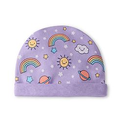 Babyhug Interlock Knit Cap Mittens & Booties Set with Space Theme Prints Lavender  - Diameter 10 cm