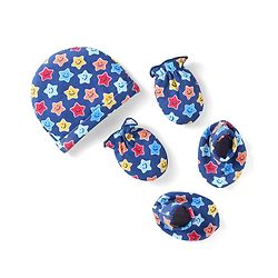 Babyhug 100% Cotton Knit Cap Mittens & Booties Set with Stars Print Navy Blue - Diameter 11 cm