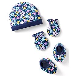 Babyhug 100% Cotton Knit Floral Printed  Cap Mittens & Booties Set - Navy