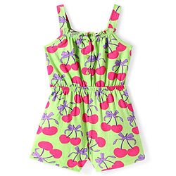 Babyhug Cotton Knit Sleeveless Jumpsuit With Cherry Print - Neon Green