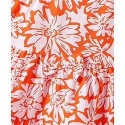 Babyhug Single Jersey Knit Sleeveless Frock with Floral Print & Bow Applique - Orange & White