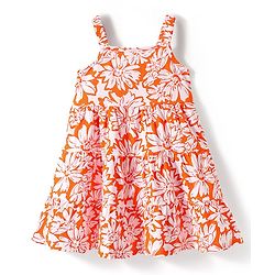 Babyhug Single Jersey Knit Sleeveless Frock with Floral Print & Bow Applique - Orange & White