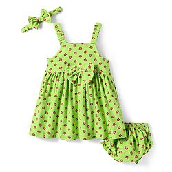 Babyhug Single Jersey Knit Sleeveless Floral Printed Frock with Headband Bloomer & Bow Applique - Light Green