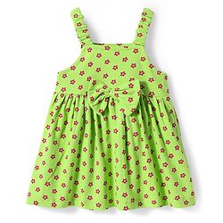 Babyhug Single Jersey Knit Sleeveless Floral Printed Frock with Headband Bloomer & Bow Applique - Light Green