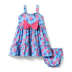 Babyhug Single Jersey Knit Sleeveless Frock and Bloomer with Floral Print & Bow Applique - Blue