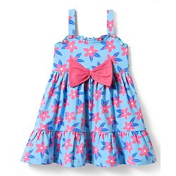 Babyhug Single Jersey Knit Sleeveless Frock and Bloomer with Floral Print & Bow Applique - Blue