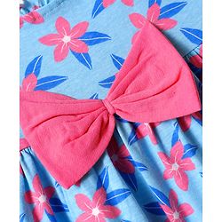 Babyhug Single Jersey Knit Sleeveless Frock and Bloomer with Floral Print & Bow Applique - Blue