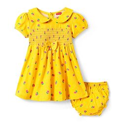 Babyhug Single Jersey Knit Half Sleeves Floral Printed Frock With Bow Applique & Bloomer - Yellow