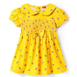 Babyhug Single Jersey Knit Half Sleeves Floral Printed Frock With Bow Applique & Bloomer - Yellow