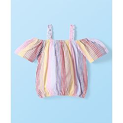 Babyhug Woven Cold Shoulder Top with Stripes - Pink & Yellow