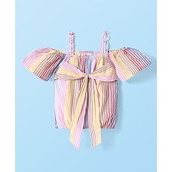 Babyhug Woven Cold Shoulder Top with Stripes - Pink & Yellow