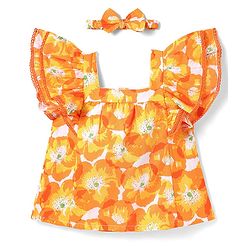 Babyhug Rayon Woven Half Frill Sleeves Top with Headband & Floral Print - Orange
