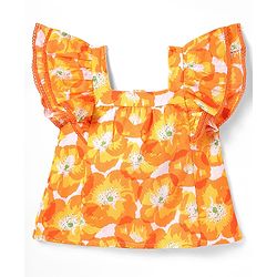 Babyhug Rayon Woven Half Frill Sleeves Top with Headband & Floral Print - Orange
