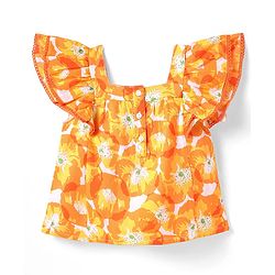 Babyhug Rayon Woven Half Frill Sleeves Top with Headband & Floral Print - Orange