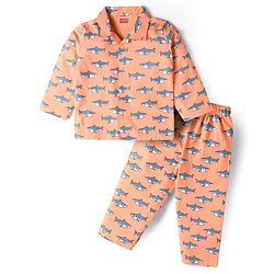 Babyhug Cotton Knit Full Sleeves Night Suit With Shark Print - Peach