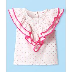Babyhug Woven Sleeveless Top With Frill & Polka Dots - Pink & White