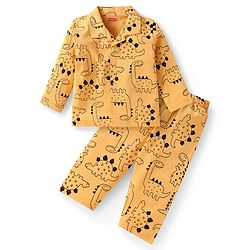 Babyhug Cotton Knit Full Sleeves Night Suit With Dino Print - Yellow