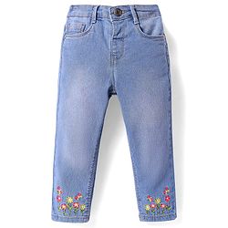 Babyhug Denim Full Length Washed Stretch Jeans With Floral Embroidery - Blue