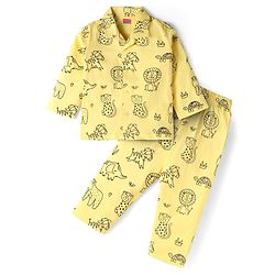 Babyhug Cotton Knit Full Sleeves Night Suit with Animal Print - Yellow