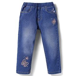 Babyhug Denim Full Length Washed Stretch Jeans With Butterfly Embroidery - Blue