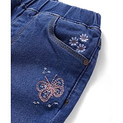 Babyhug Denim Full Length Washed Stretch Jeans With Butterfly Embroidery - Blue