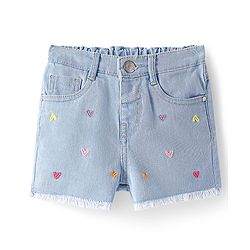 Babyhug Mid Thigh Washed Denim Shorts with Heart Embroidery - Light Blue