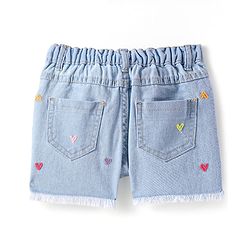 Babyhug Mid Thigh Washed Denim Shorts with Heart Embroidery - Light Blue