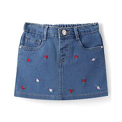 Babyhug Mid Thigh Washed Denim Skirt with Strawberry Embroidery - Navy Blue