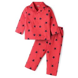 Babyhug Cotton Knit Full Sleeves Night Suit with Star Print - Red