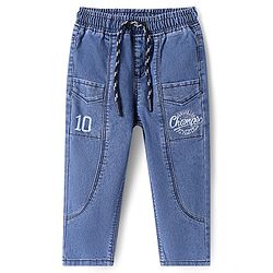 Babyhug Full Length Washed Denim Jeans with Champs Embroidery - Blue