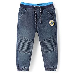 Babyhug Full Length Washed Denim Jeans with Patch Embroidery - Navy Blue