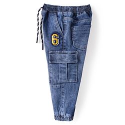 Babyhug Full Length Washed Denim Jeans with Number Embroidery - Blue