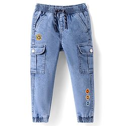Babyhug Full Length Washed Denim Jeans with Smiley Embroidery - Blue