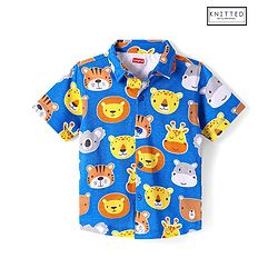 Babyhug Cotton Knit Half Sleeves Shirt with Animals Print- Blue