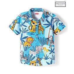 Babyhug Cotton Knit Half Sleeves Shirt with Animal Print - Blue