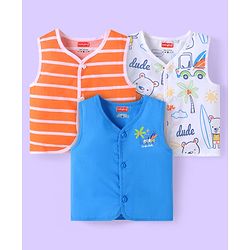 Babyhug 100% Cambric Woven Sleeveless  Front Open Jhabla with Beach Theme Print  Pack of 3 - Blue Coral & White